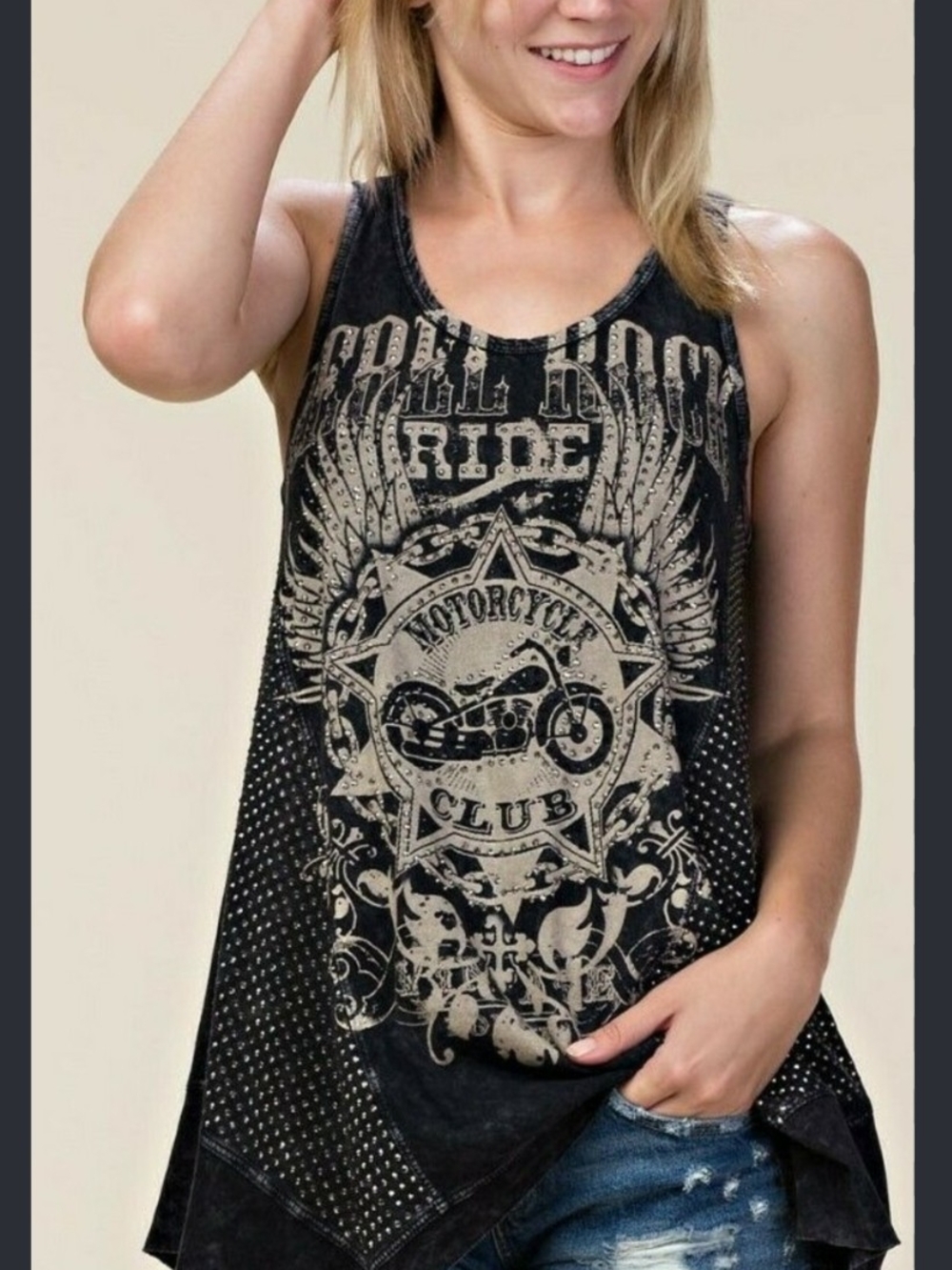 Vocal Black Studded Motorcycle Club Graphic Tank